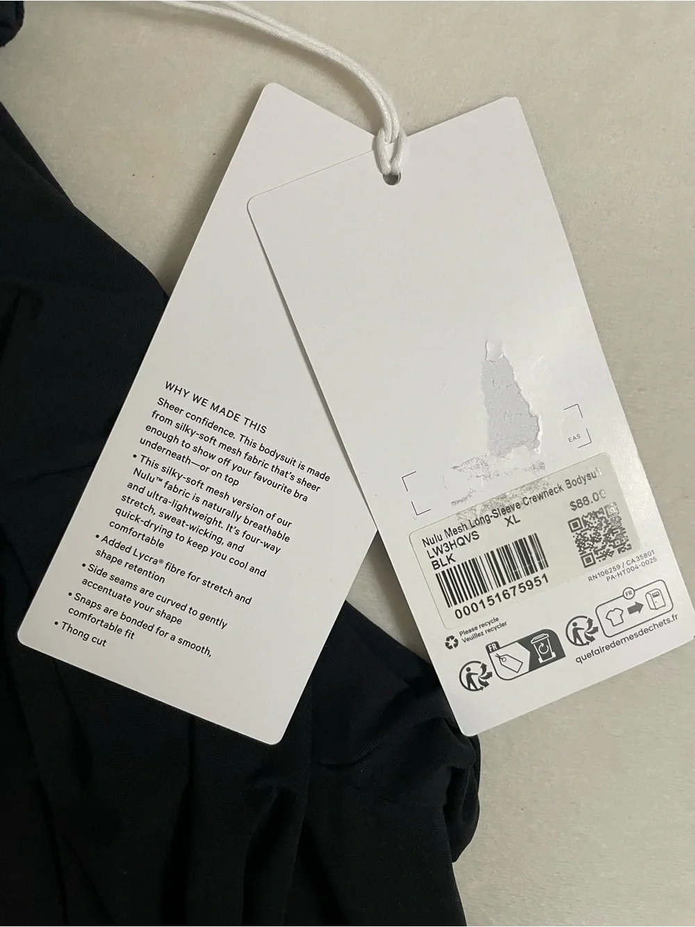 Lululemon NWT Nulu Mesh Long Sleeve Crewneck Bodysuit Black Size XL